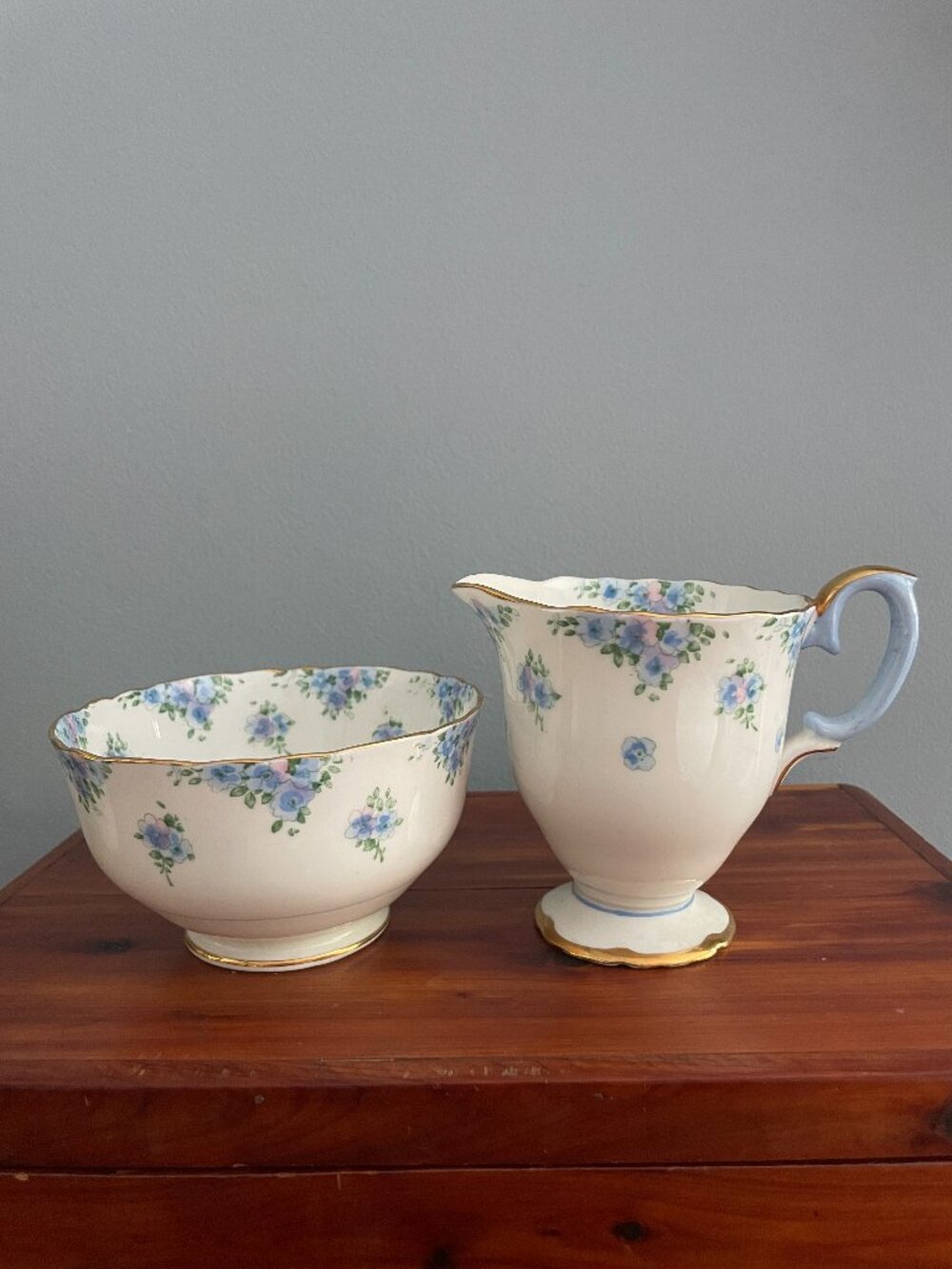 Crown Staffordshire Forget Me Not Open Creamer Sugar Bowl Set Blue White Floral